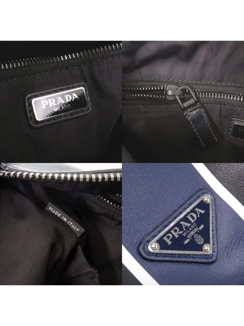 Prada Triangle Logo Leather Black Blue Shoulder Bag